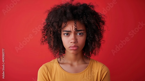 Woman With Curly Hair Frowning Against Red Background