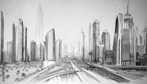 Pencil sketch of a futuristic cityscape.