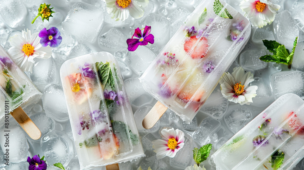 Studio shot of ice cubes infused with edible flowers and homemade mint and coconut. Studio shot of ice cubes infused with edible flowers and homemade mint and coconut.