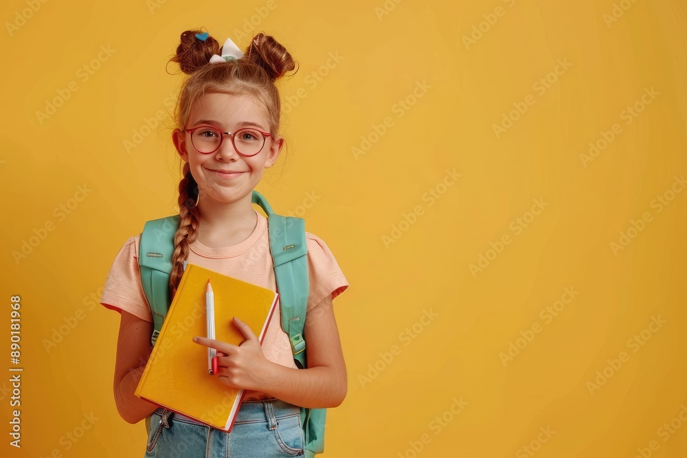 Education Enthusiasm Happy 10 Year Old Child with Blue Backpack and Notebook, School Uniform on Yellow Background Education Enthusiasm Happy 10 Year Old Child with Blue Backpack and Notebook, School Uniform on Yellow Background
