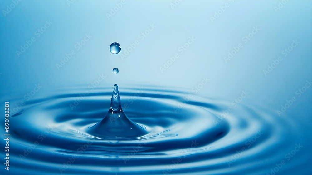 A close-up of a water droplet impact with ripples, on a gradient blue background, depicting the concept of purity. A close-up of a water droplet impact with ripples, on a gradient blue background, depicting the concept of purity.