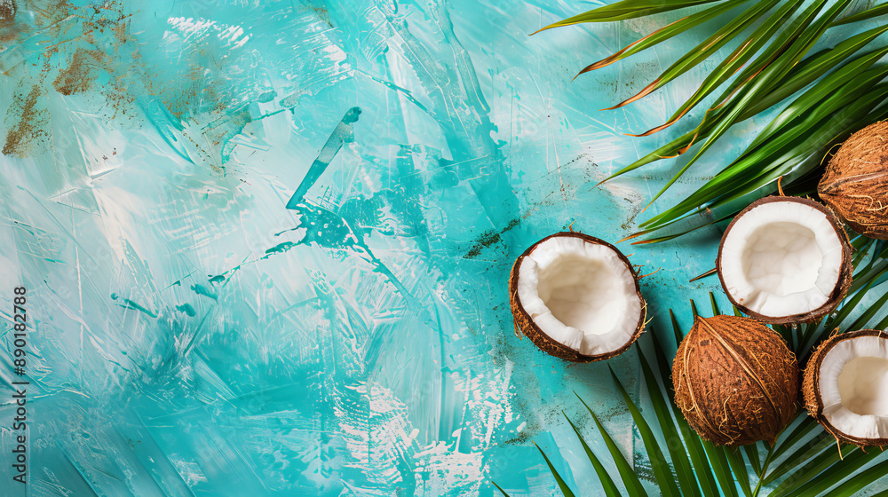 Tropical fruit, half coconut, set against a soft abstract background. Top view. Tropical fruit, half coconut, set against a soft abstract background. Top view.
