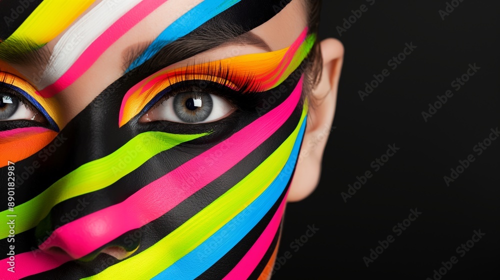 A woman with colorful face paint and a black and white striped background. The woman's face is painted with a rainbow of colors, and her eyes are closed. Concept of creativity and artistic expression A woman with colorful face paint and a black and white striped background. The woman's face is painted with a rainbow of colors, and her eyes are closed. Concept of creativity and artistic expression
