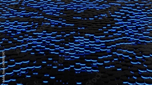 Futuristic Cylindrical Motion: Glowing Blue and Black Cylinders Rising and Falling in a 3D Animation Loop