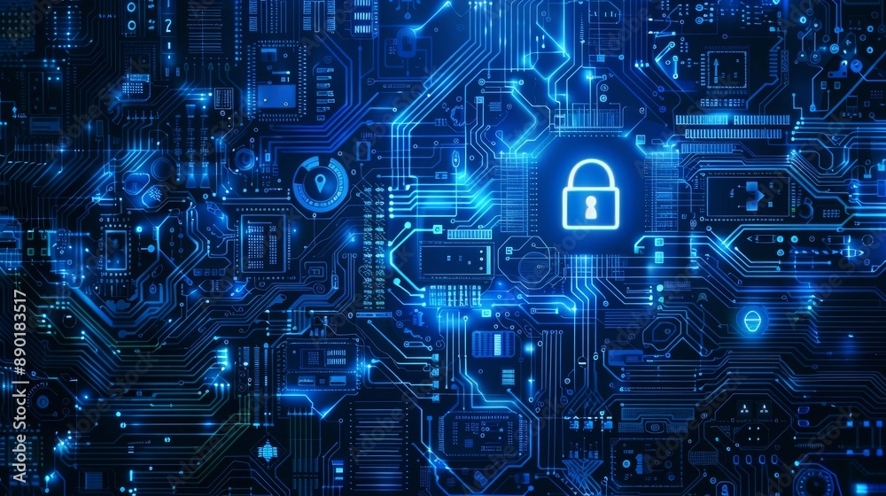 Futuristic digital circuit board with a glowing padlock symbol, representing cybersecurity, data protection, and encrypted communication. Futuristic digital circuit board with a glowing padlock symbol, representing cybersecurity, data protection, and encrypted communication.