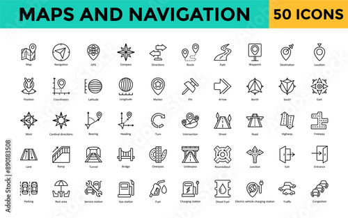 Maps and Navigation icon set with map, navigation, gps, compass, directions, route, path, waypoint, destination, location icon. Simple line vector 
