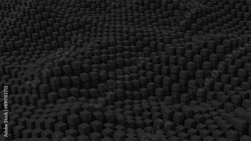 Monochromatic Cubic Landscape: black  Cubes Rising and Falling in a Minimalist 3D Animation Loop. 3D render