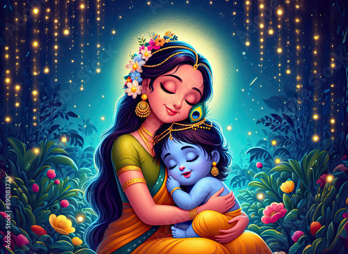 Little Krishna sleeping in the lap of Mother Yashoda, blue night, moon spring, peaceful forest blossom flower, peacock feather, Janmashtami abstract wallpaper