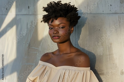 a woman with a short afro standing in front of a wall