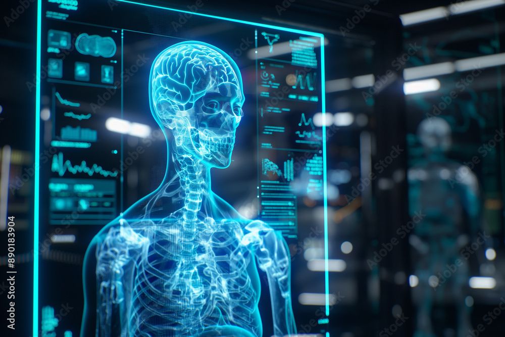 doctor looking at x ray image of human brain and body at virtual screen to show digitalization in medicine in hospitals doctor looking at x ray image of human brain and body at virtual screen to show digitalization in medicine in hospitals