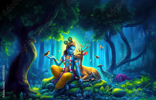lord Krishna playing with deer birds, blue night forest, love, nature animal, abstract, home decore wallpaper