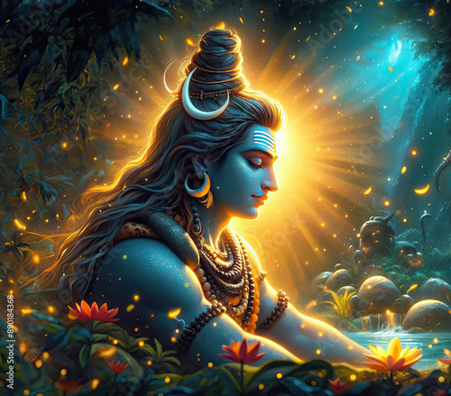 lord shiva meditation in forest,yogi, shivratri, blue night, enlightenment ,hindu god,abstract wallpaper
