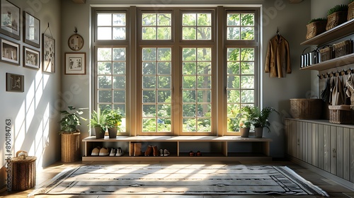 Elegant minimalist entryway with a simple bench, hooks for coats, and a shoe rack.