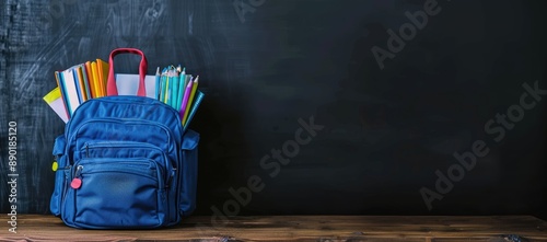 School bag. Backpack with supplies for school on the background of black blackboard. Copy space for text concept of back to school