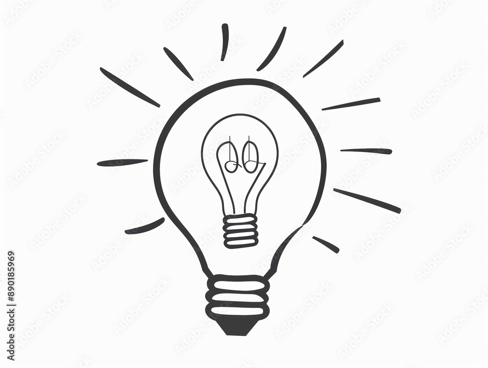 A simple illustration of a light bulb, with only one light bulb in the center, symbolizing art and ideas. Dynamic on a clean white background.