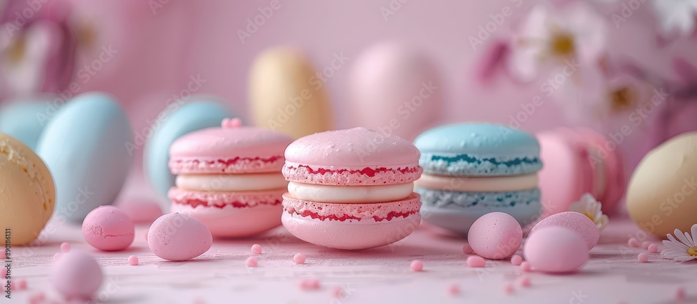 Fototapeta premium Colorful Pastel Macarons and Easter Eggs on a Pink Background with Flowers