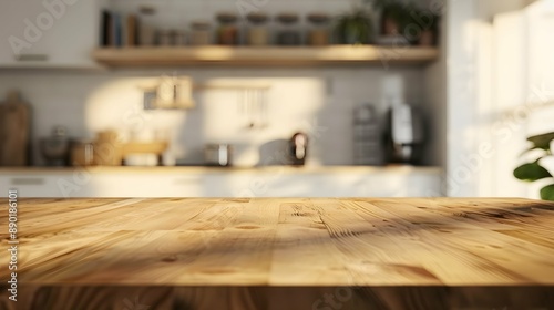 A minimal wooden kitchen island with a blurred background of a minimalist Scandinavian kitchen