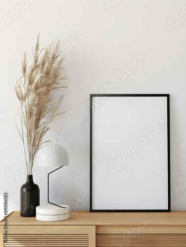 a mockup of a black poster frame with A3 size on a white wall 