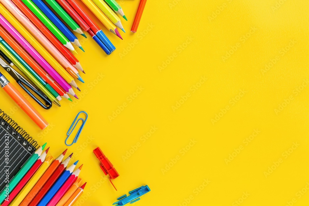 custom made wallpaper toronto digitalBright yellow background with school supplies on the left side, flat lay. Top view of colorful stationery and art materials for kids learning in classroom or at home during isolated remote education