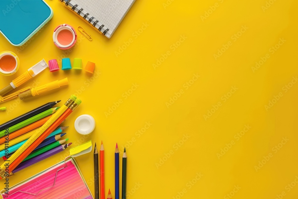 Bright yellow background with school supplies on the left side, flat lay. Top view of colorful stationery and art materials for kids learning in classroom or at home during isolated remote education Bright yellow background with school supplies on the left side, flat lay. Top view of colorful stationery and art materials for kids learning in classroom or at home during isolated remote education