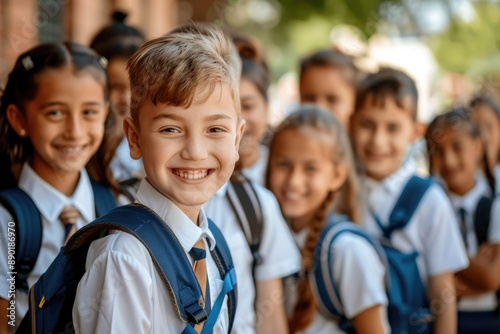 Close up of happy children in school uniforms with backpacks, group photo on the first day at primary or high school, photo for stock.