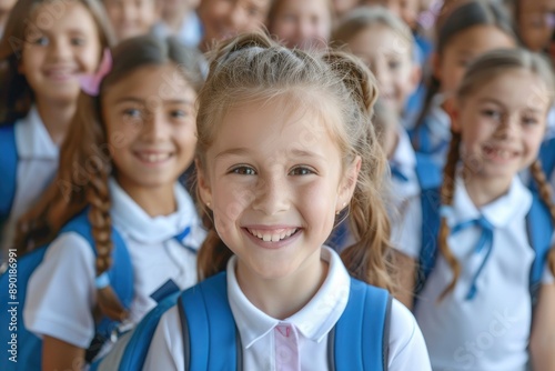 Close up of happy children in school uniforms with backpacks, group photo on the first day at primary or high school, photo for stock.