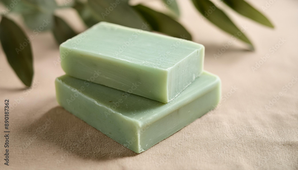 Handmade green soap bars on beige surface. Healthy toiletries. Spa and selfcare organic product Handmade green soap bars on beige surface. Healthy toiletries. Spa and selfcare organic product