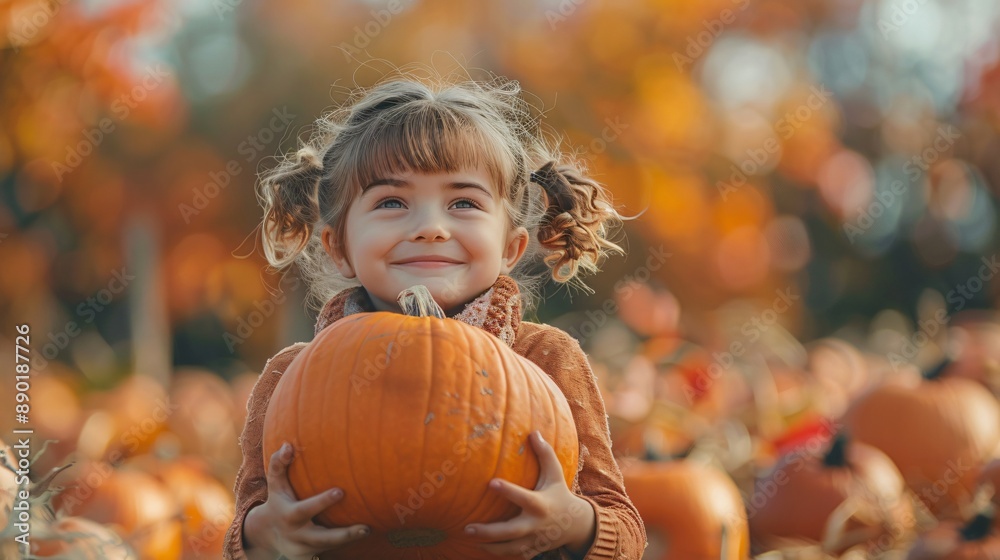 Smiling Little Girl Holding a Pumpkin in a Field of Pumpkins