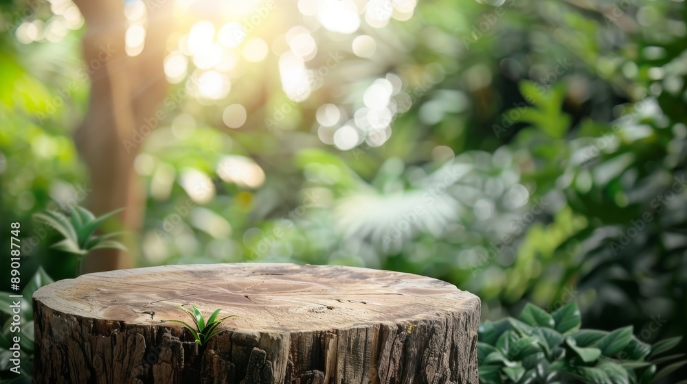 Tree stump with fresh greenery in a lush, sunlit forest. Ideal for concepts of nature, growth, and environmental themes.
