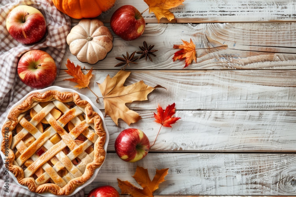 Homemade Apple Pie with fresh apples on white kitchen table, top view, flat lay. Thanksgiving traditional dessert, Thanksgiving tart preparation, autumn bakery, copy space Homemade Apple Pie with fresh apples on white kitchen table, top view, flat lay. Thanksgiving traditional dessert, Thanksgiving tart preparation, autumn bakery, copy space