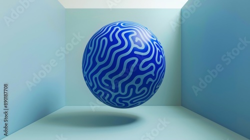 Fototapeta Naklejka Na Ścianę i Meble -  A blue sphere with a wavy pattern is floating in a room