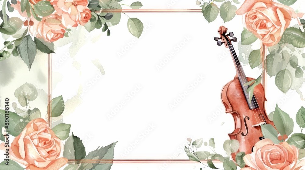 Watercolor floral border with peach roses and green leaves, featuring a ...