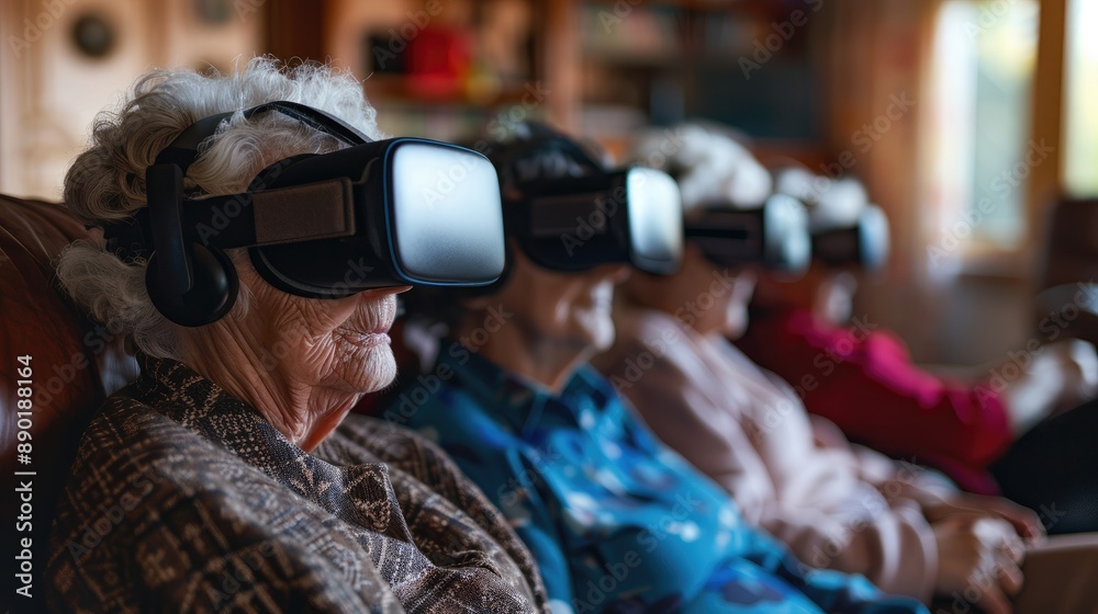 Elderly individuals wearing VR headsets, exploring virtual reality in a cozy indoor setting, symbolizing technology in senior lifestyle.