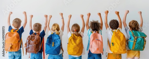 Handsome school children with backpacks celebrating success in the classroom, white background, panoramic photo, real photography style, bright light