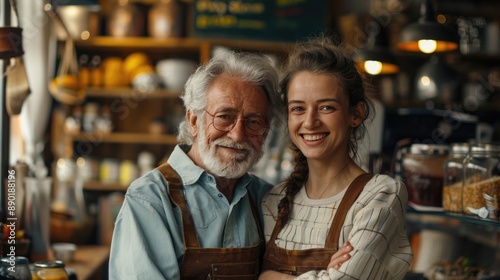 Wallpaper Mural Elderly man and young woman wearing aprons, standing in a cozy cafe, smiling warmly at the camera, surrounded by jars and shelves. Torontodigital.ca