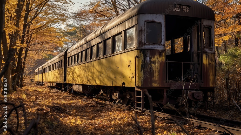 Abandoned train wagon in autumn forest in Japan Abandoned train wagon in autumn forest in Japan