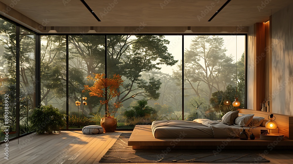 Minimalist bedroom with floor-to-ceiling windows and minimal furnishings. Minimalist bedroom with floor-to-ceiling windows and minimal furnishings.