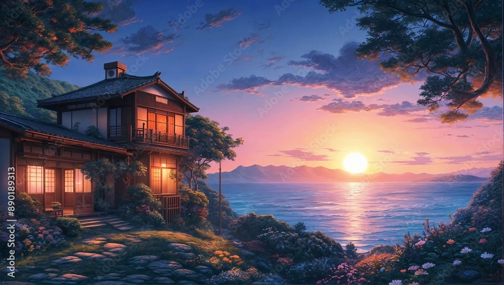 Fototapeta premium Traditional Japanese House by the Ocean at Sunset