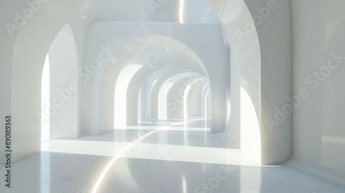 Fototapeta Naklejka Na Ścianę i Meble -  A long, narrow, white hallway with a light shining down on it