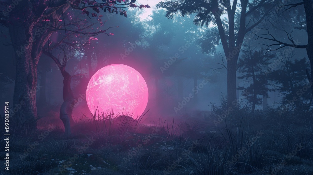 A pink glowing orb is floating in the middle of a forest A pink glowing orb is floating in the middle of a forest