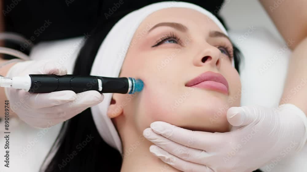 A cosmetologist does a hydrofacial procedure on a woman's face in a modern beauty clinic. Concept of cosmetology, care and healthy skin. A cosmetologist does a hydrofacial procedure on a woman's face in a modern beauty clinic. Concept of cosmetology, care and healthy skin.