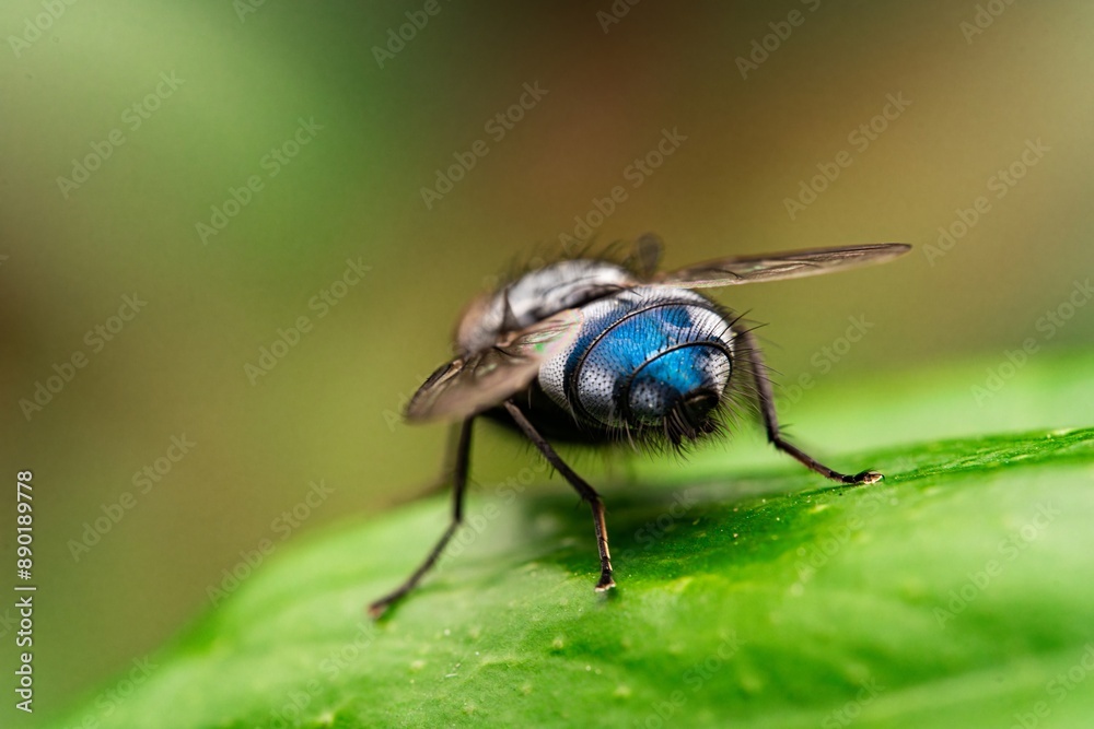 Detailed close-up macro of a shiny golden greenbottle fly sitting on a leaf. Domestic fly. close up compound eyes of fly on green background. Fly on a leaf macro. Rear view.
