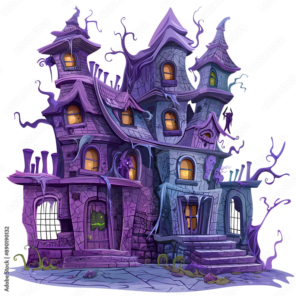 Spooky Haunted House Illustration, Purple and Blue, Halloween Theme Spooky Haunted House Illustration, Purple and Blue, Halloween Theme