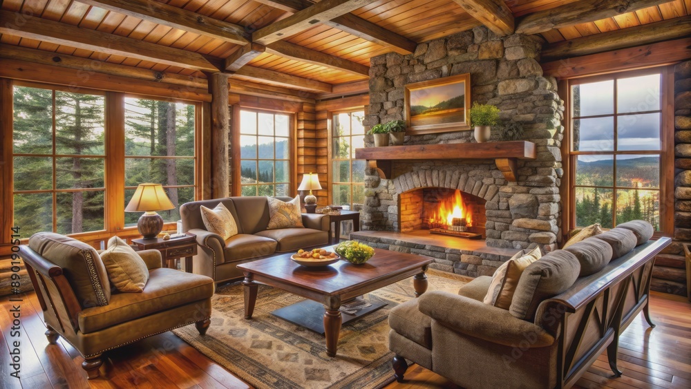 Cozy rustic log cabin living room with crackling fireplace, plush armchairs, and warm inviting atmosphere awaiting relaxation and tranquility. Cozy rustic log cabin living room with crackling fireplace, plush armchairs, and warm inviting atmosphere awaiting relaxation and tranquility.