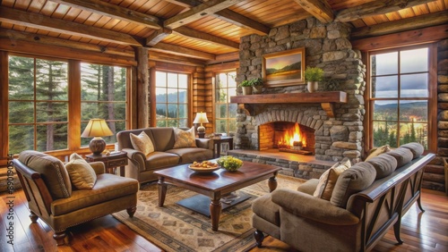 Cozy rustic log cabin living room with crackling fireplace, plush armchairs, and warm inviting atmosphere awaiting relaxation and tranquility. © Curie