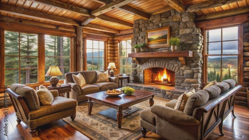 Cozy rustic log cabin living room with crackling fireplace, plush armchairs, and warm inviting atmosphere awaiting relaxation and tranquility.