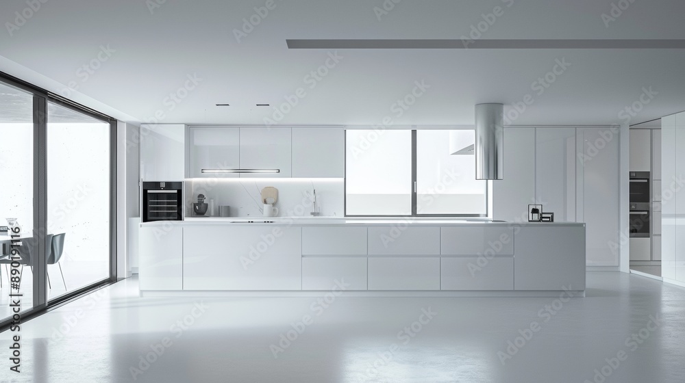 Fototapeta premium A large white kitchen with a window and a stove