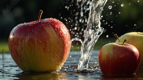 apple in water, red apple in water splash. Many red empire apples, wet with water droplets, are piled into a large container and photographed from above. Image is closely cropped to include the fruit
 photo