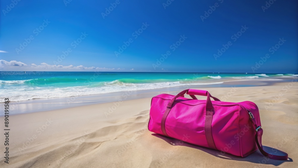 Vibrant pink duffel bag sits isolated on pristine sandy beach under clear blue sky with subtle waves in background. Vibrant pink duffel bag sits isolated on pristine sandy beach under clear blue sky with subtle waves in background.
