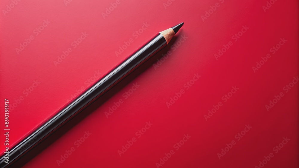 Vibrant crimson background highlights solitary, sleek, black kajal pencil, positioned diagonally, offering ample empty space for textual or graphic overlays. Vibrant crimson background highlights solitary, sleek, black kajal pencil, positioned diagonally, offering ample empty space for textual or graphic overlays.